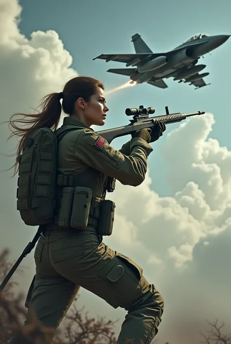 (Photorealism:1.2), beautiful woman, Female soldier attacking fighter jet