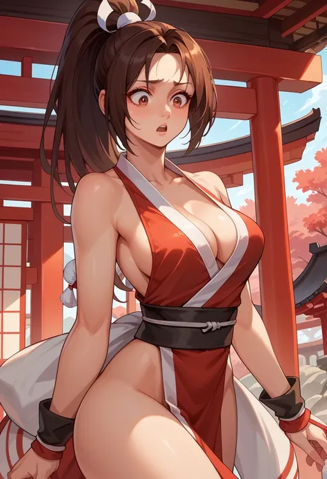 score_9, score_8_up, score_7_up, 1girl, solo, medium breasts, PonyShiranui, high ponytail, brown hair, brown eyes, japanese clothes, revealing clothes, cleavage, standing, shaking, shocked looking down, japanese shrine