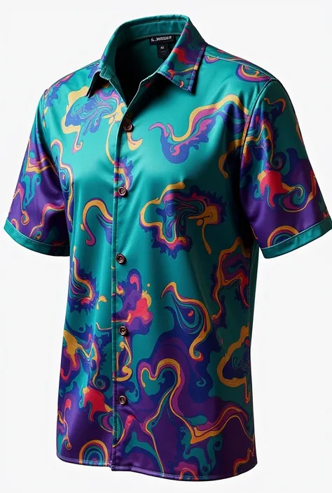 A silk  turquoise green and purple  short sleeved shirt with  colorful shape like patterns and a tiny anchor on the left side