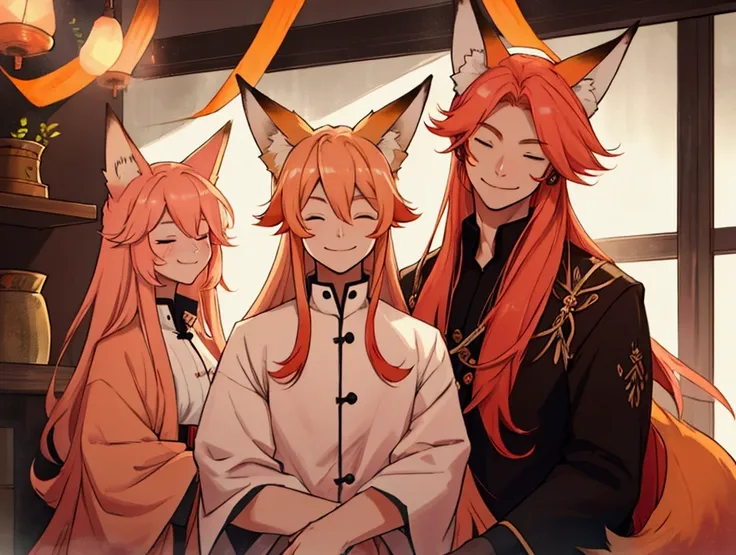 a man with long peach-colored hair and fox ears.  smile.  eyes are always closed