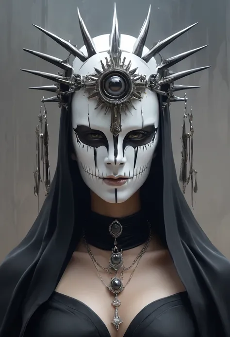 front view of a dark priestess holy cyborg necromancer girl wearing a white veil with a tiara and spiky crown on her head, symmetrical composition, oil painting style artstation concept character design in the style of James Gurney and Greg Rutkowski and R...