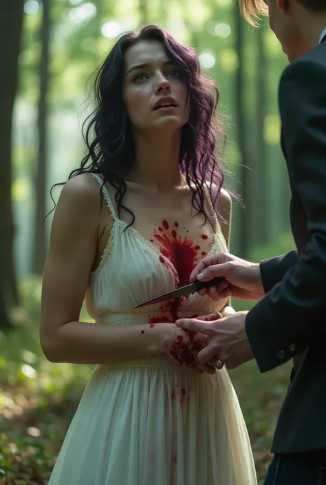 English woman 20 years old,skin fair,sparkling green eyes,dark purple hair,white gown,she is in pain, a blond haired man sticks a knife in his chest,ela esta cheia de sangue o white gown fica vermelho de sangue,forest of light scenario,scenarioposes,make-u...