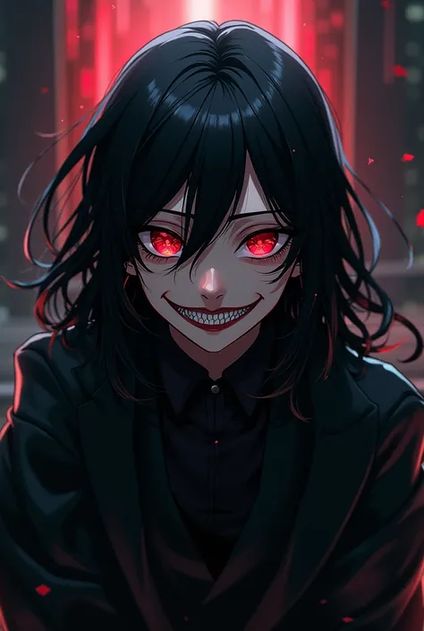 Anime character black hair red eyes Evil smile 
