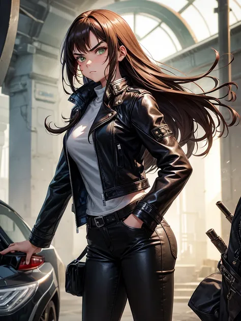 anime woman, 20 year, long hair, brown, greeneyes, indifferent face, bushy eyebrows, scar on cheek, leather jacket, hands in pockets