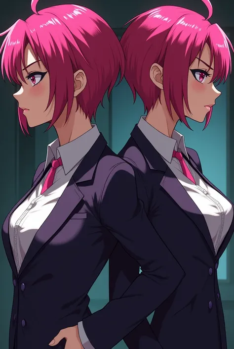 Create a female OC for me, short hair (not too short) and dominate looking with a scar over her left eye and she has pink hair and any second class Mafia boss clothing. Side view, front, behind, and four quarter please. Make it anime and don’t forget the s...