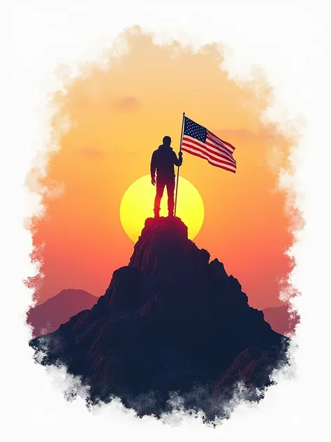 Design an image with the slogan "Be the Change—Cast Your Vote." Show a single, strong figure holding a small American flag, standing on a mountain peak with a sunrise in the background. The image should evoke a sense of strength and responsibility, with ea...