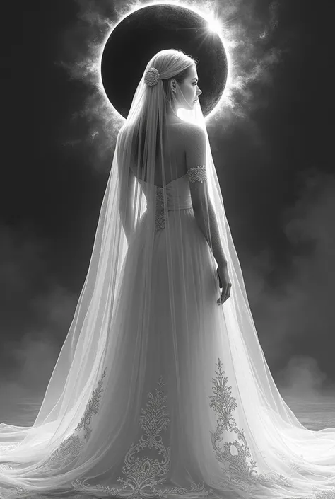 create a sketch of a woman from behind wearing a veil that covers the brides face with a lot of volume, inspired by the solar eclipse, with embroidered designs