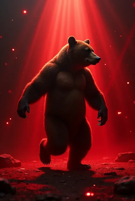 (Brown Bear), dancing in the dark, the silhouette illuminated by red light, In front there are some lights and lasers, The style of this piece is reminiscent of Totally Dark Background. Beautiful cinematic lighting, surreal, color graded, dynamic movement,...