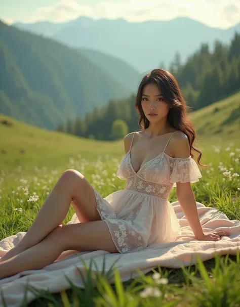  Outfit the model in a short, flowy dress with floral patterns. Pose her lying on a blanket in a picturesque mountain meadow, with one leg extended and the other bent, as she gazes seductively towards the camera. Utilize the soft, natural light of early mo...