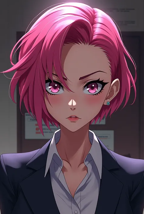 Create a female OC for me, short hair (not too short) and dominate looking with a scar over her left eye and she has pink hair and any second class Mafia boss clothing. Side view, front, behind, and four quarter please. Make it anime and don’t forget the s...