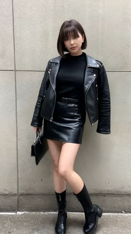 Standing posture、Leather skirt、leather jacket、boots、