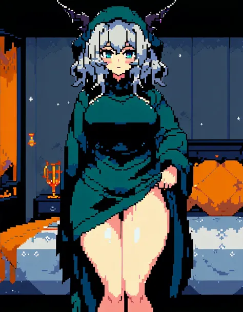 Talulah(Arknights),grey hair,dragon horn,curvy body,fit figure, oversized headscarf,wearing oversized clothes(Muslim attire),bedroom, night setting, blackout hour,close view,very nsfw, uncensored,((pixel art style)),