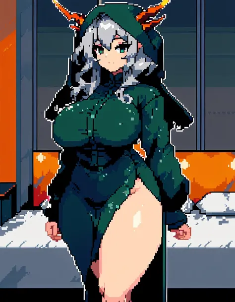 Talulah(Arknights),grey hair,dragon horn,curvy body,fit figure, oversized headscarf,wearing oversized clothes(Muslim attire),bedroom, night setting, blackout hour,close view,very nsfw, uncensored,((pixel art style)),