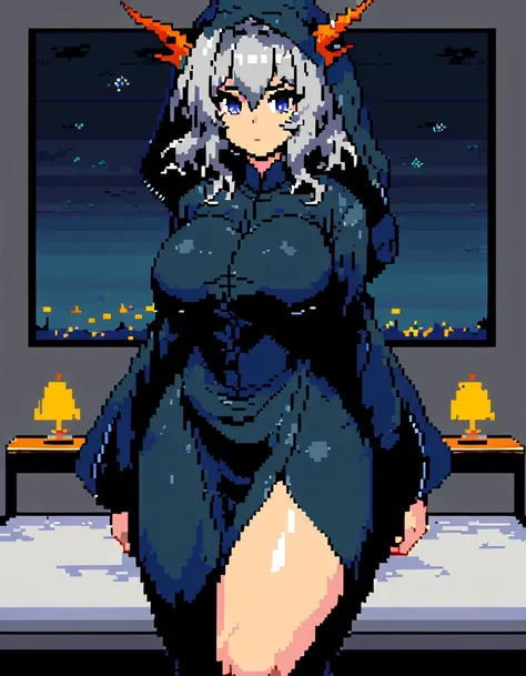 Talulah(Arknights),grey hair,dragon horn,curvy body,fit figure, oversized headscarf,wearing oversized clothes(Muslim attire),bedroom, night setting, blackout hour,close view,very nsfw, uncensored,((pixel art style)),