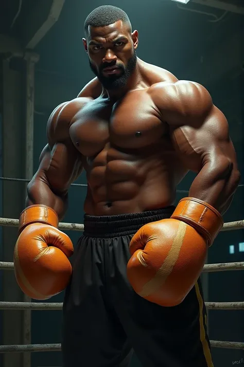 A dark-skinned man with black eyes and very large muscles, wearing boxing gloves shaped like bread.