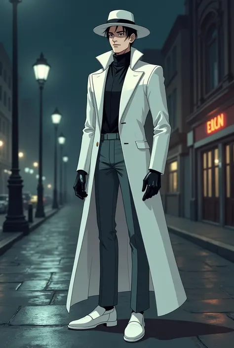 superhero cartoon white man with pale skin, looking about 2 and 1,75 meters, is dressed in an elegant and peculiar way. He wears a long white overcoat of a slim, fitted cut., that falls down to near the ankles. Above her head, there is a classic white mid-...