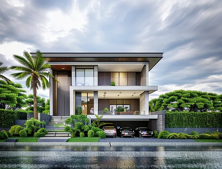 modern style townhouse, with glass railings on the balcony and green trees, many light effects, cloudy sky, sun