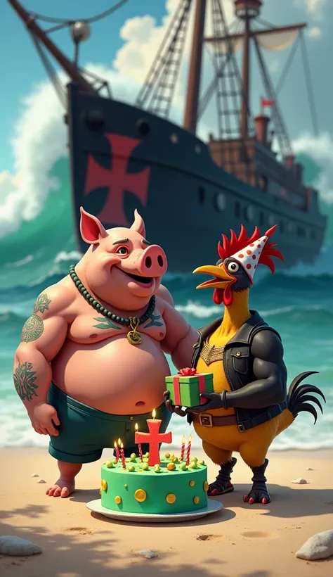 A muscular pig, puffed chest and shirtless, green tattoos, celebrating his birthday on the beach sand, background decoration a black ship black ship thick red Maltese cross highlighted, big waves around, green birthday cake candle in the shape of thick red...