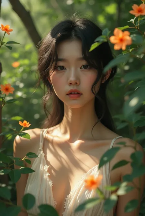 A young and elegant korean cute girl is posing naked in the forest. The sunlight filtering through the trees illuminates her body, making her look like a goddess. (The lush flowers between her and the viewer block the viewers view and completely show her n...