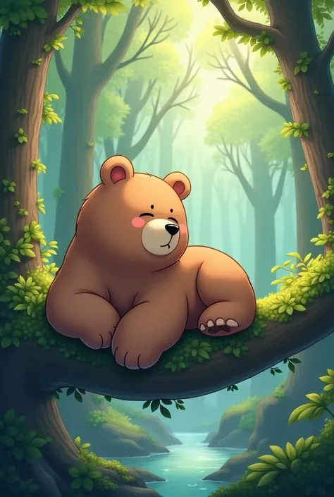 high quality，excellent work，A big brown bear（Center of the screen），Moe and cute，Lying on a branch，Primeval forest background，whole body，masterpiece，HD，wallpaper，Adding details，Extremely high resolution,