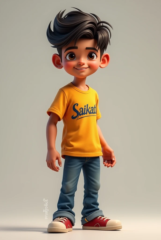  A boy  in a attitude pose with the name Saikath in the back of the shirt or T shirt 