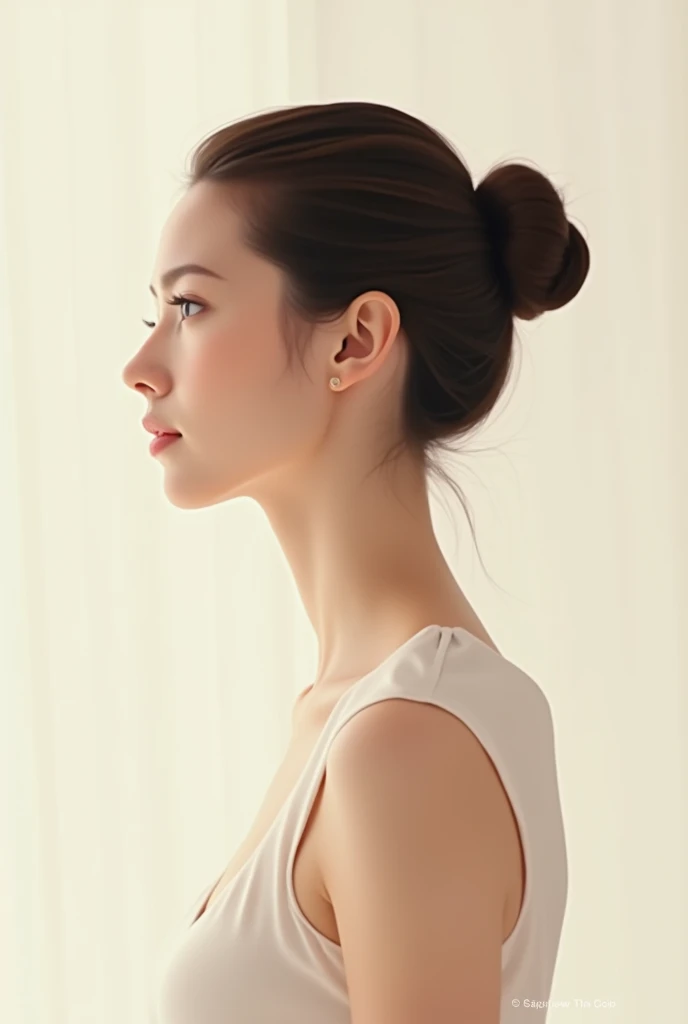 There&#39;s a woman with a bun in her hair, profile posing, profile posing elegante, profile posing elegante, profile posing, side profile portrait, Centralized portrait, no side profile, a womans profile, hair styled into a bun, womans profile, side profi...