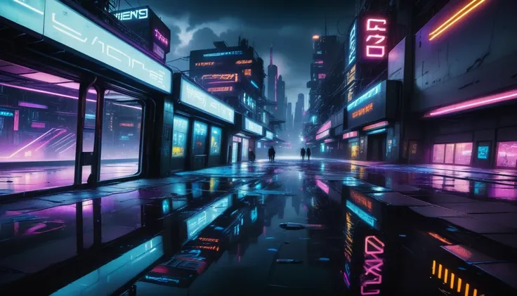 night city street scene with neon lights reflected in puddles, futuristic street, future city streets, cyberpunk city streets, c...