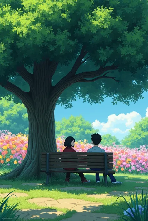 a painting of a bench under a tree, multicolored flowers, makoto shinkai and cain kuga. high detail, anime, ghibli studio style, cushart, ghibli film,beautiful art uhd 4 k, a beautiful artwork illustration, beautiful digital painting, highly detailed, beau...