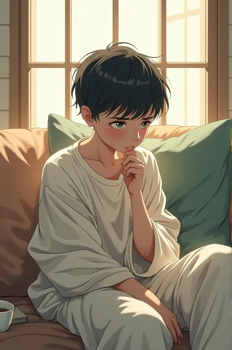 A japanese boy wearing baggy clothes sitting on couch