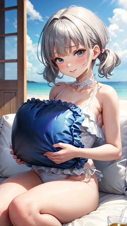 (masterpiece, Highest quality), Small breasts, Cleavage, Ruffled swimsuit, Gray Hair,Twin tails, short hair, Sit on a cushion , (Suggestive:1.2), (smile:0.7), Upper Body