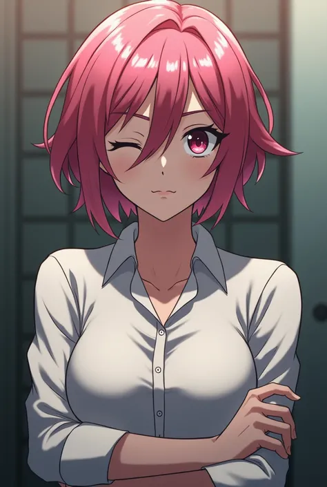 Anime girl, , second class mafia boss, has a full scar over her left eye, which her left eye is closed. short pink hair, dominant, wears a white blouse with her cuffs up, and make her hair style unique but not crazy.