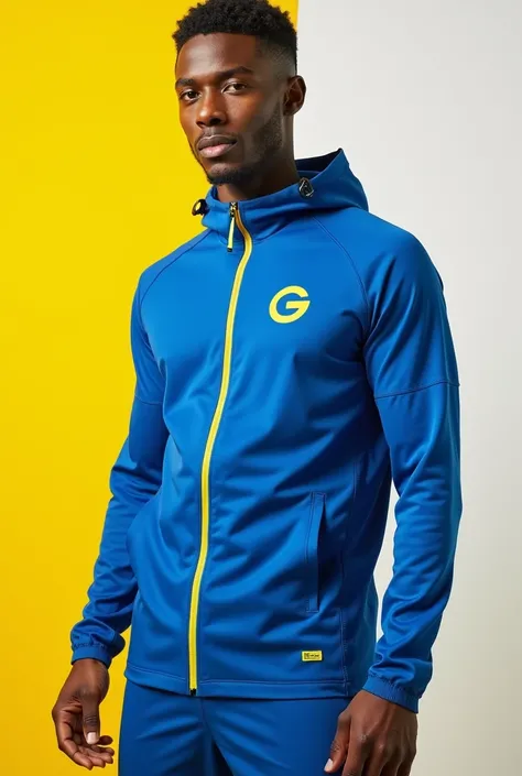 Modern sports brand name "GALIMER" in blue colors, yellow and white for my men&#39;s sports warm-up clothes.