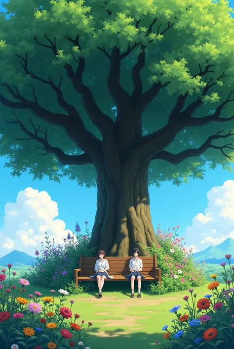 a painting of a bench under a tree, multicolored flowers, makoto shinkai and (cain kuga), makoto shinkai. high detail, by Makoto Shinkai, by makoto shinkai, anime. by makoto shinkai, ( ( makoto shinkai ) ), style of makoto shinkai, ghibli studio style, cus...