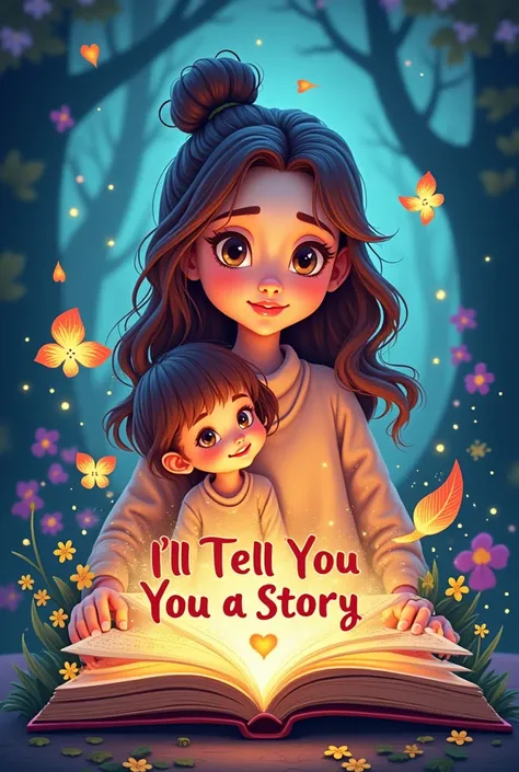 Create me a logo of an open book from which images of fairy tales and fantasy emerge and behind the book there is a mother with her child, the style must be very cartoon-like, and it shouldn&#39;t be scary because it&#39;s for children, there must be lots ...