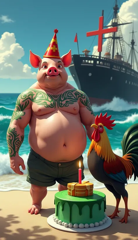 A muscular pig, puffed chest and shirtless, green tattoos, celebrating his birthday on the beach sand, background decoration a black ship black ship thick red Maltese cross highlighted, big waves around, green birthday cake candle in the shape of thick red...