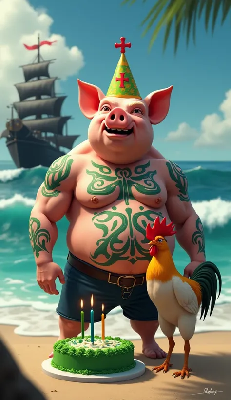 A muscular pig, puffed chest and shirtless, green tattoos, celebrating his birthday on the beach sand, background decoration a black ship black ship thick red Maltese cross highlighted, big waves around, green birthday cake candle in the shape of thick red...