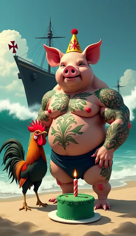 A muscular pig, puffed chest and shirtless, green tattoos, celebrating his birthday on the beach sand, background decoration a black ship black ship thick red Maltese cross highlighted, big waves around, green birthday cake candle in the shape of thick red...