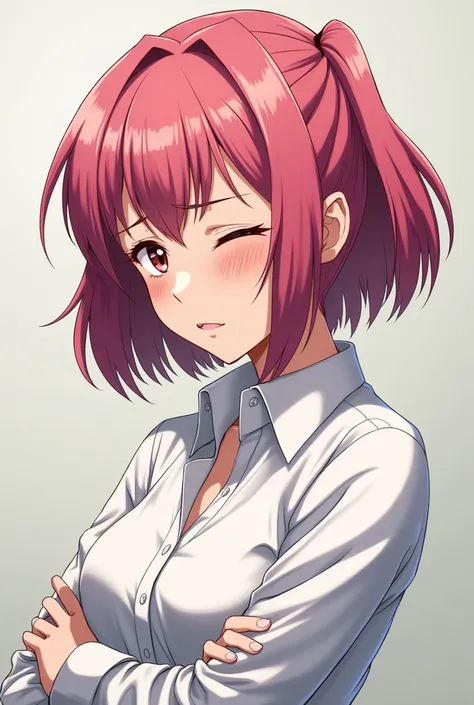 Anime girl, , second class mafia boss, has a full scar over her left eye, which her left eye is closed. short pink hair, dominant, wears a white blouse with her cuffs up, and make her hair style unique but not crazy, she has tired eyes and a scar over her ...