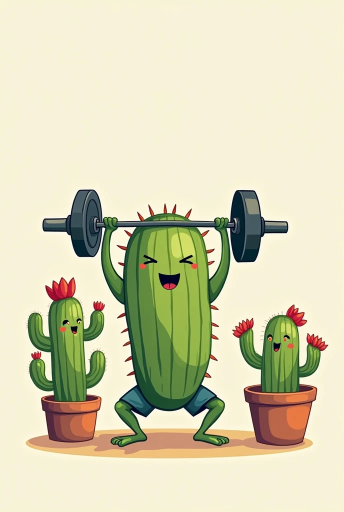 Two cactus, em formato de desenho, man and woman, with feet, in which the male cactus is doing snatch and the female is cheering,  no tail, man is squatting with the bar above his head 