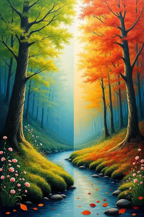 Can you create vertical split painting of spring on one side and autumn on other
