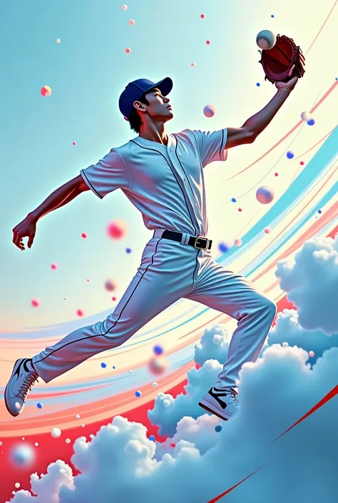 "Design a visually striking social media graphic featuring a dynamic action shot of a handsome 20-something Korean baseball player in mid-catch. Incorporate a modern, abstract design with flowing lines and bubble elements to create a sense of motion and en...