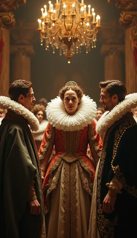 A group of nobles from the late 1500s, all wearing increasingly larger and more elaborate ruff collars, gathered in an opulent banquet hall. The scene should emphasize the competition among them to have the most extravagant collar. Cinematic coloring enhan...