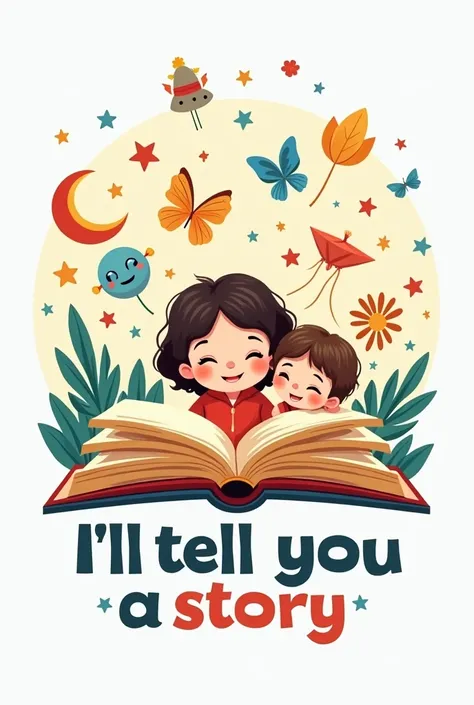 Create me a logo of an open book from which images of fairy tales and fantasy emerge and behind the book there is a mother with her child, the style must be very cartoon-like, and it shouldn&#39;t be scary because it&#39;s for children, there must be lots ...