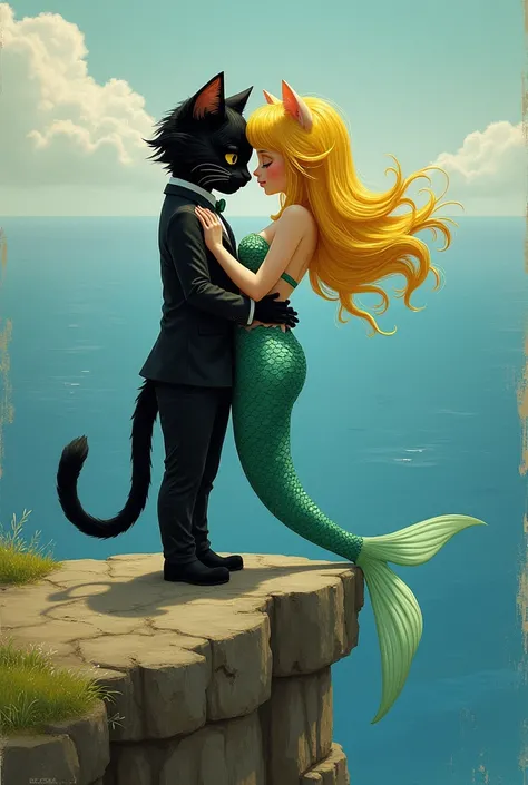 Drawing of a black cat with clothes, on the edge of a cliff kissing a green-tailed mermaid , yellow hair with bangs 