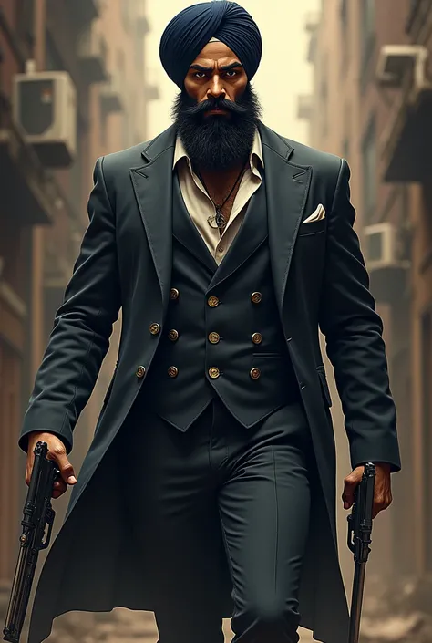 A musculare turban sikh guy in gangster look with weapons