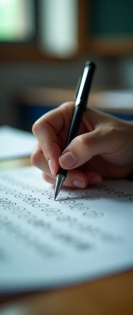 In the style of real movies，课桌close up，A hand is holding a pen and writing answers on the test paper（close up），No face