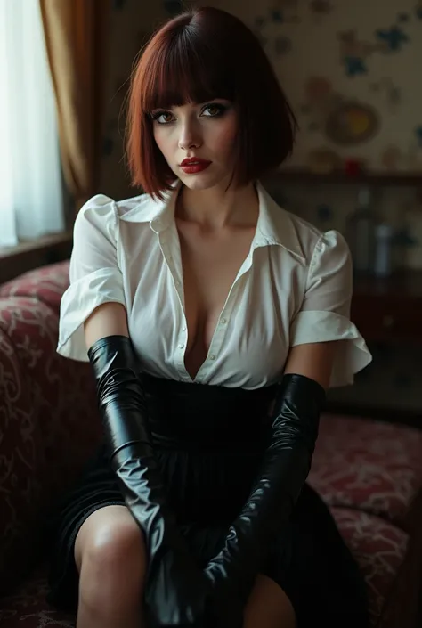 professionally color graded photograph. Fetish. Erotica A sexy, busty Ukrainian woman. with short dark auburn paige cut wig. smoky eyeshadow. black eyeliner. deep red lips. Winter evening. Wearing white blouse with collar and short sleeves. cleavage. weari...