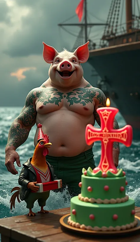 A muscular pig, puffed chest and shirtless, green tattoos, celebrating his birthday on the black ship black ship thick red Maltese cross highlighted, big waves around, green birthday cake candle in the shape of thick red Maltese cross written Happy Birthda...