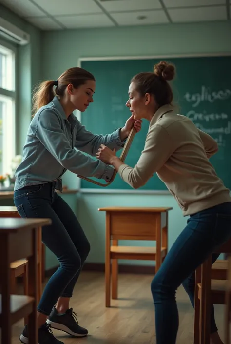 Hyper realistic image of a student throwing chair on a female teacher/lecturer