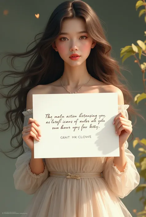 Beautiful girl with wavy long hair, Full dress, holding a white board with text and showing it to the viewer